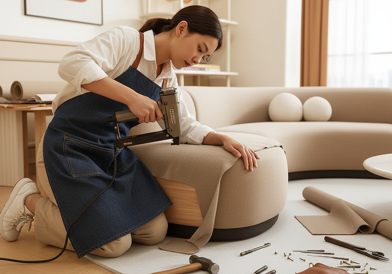 Restored sofa with fresh furniture upholstery